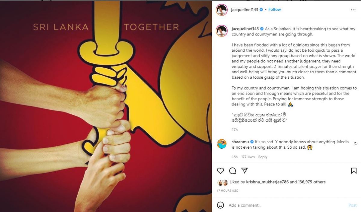 Jacqueline Fernandez comes out in support of Sri Lanka
