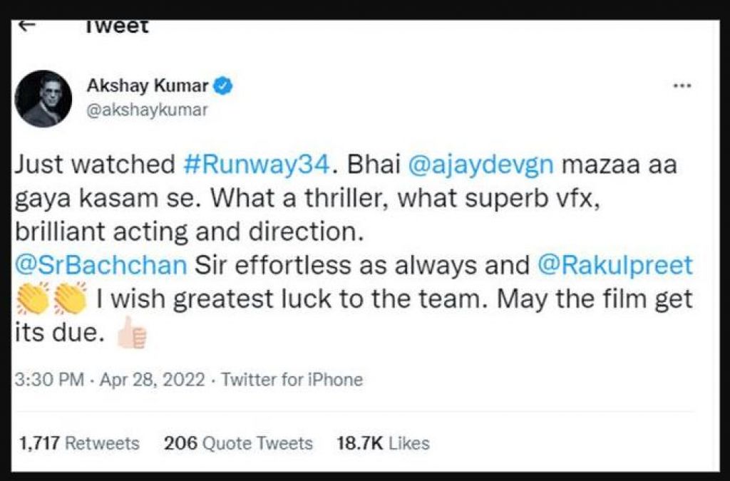 Akshay had fun watching Ajay's film Runway 34, gave review