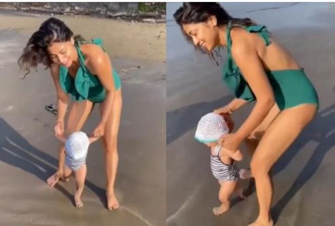 Shriya Saran making a splash at Goa Beach with daughter