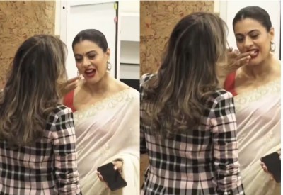 Kajol's unique picture caught on camera... The actress was seen cleaning lipstick with teeth