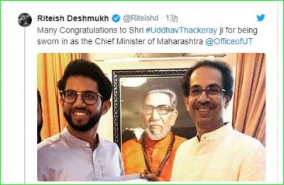 Riteish Deshmukh congratulates Uddhav Thackeray on becoming Chief Minister of Maharashtra