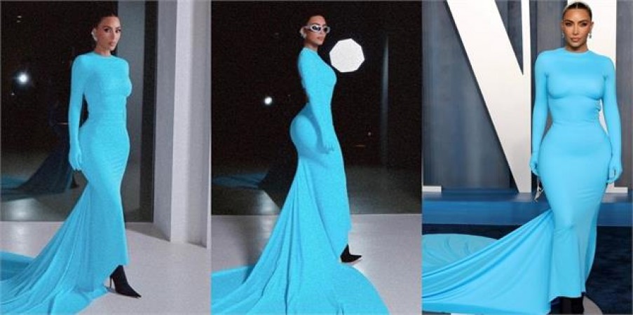 Kim in full blue gown flaunts beauty