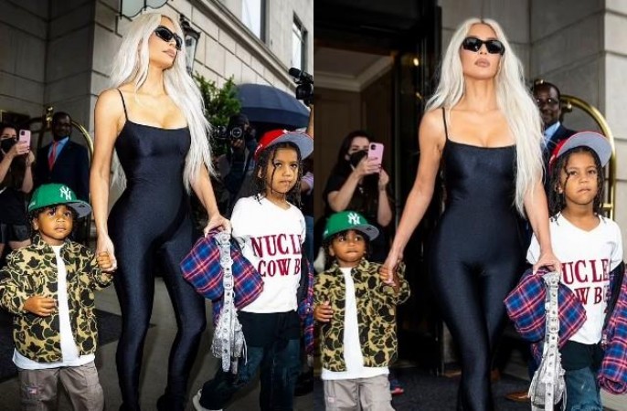 Kim Kardashian spotted outside hotel with kids