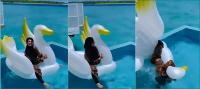 VIDEO: स्विमिंग पूल में बिगड़ा सना खान का बैलेंस, गिरीं धड़ाम