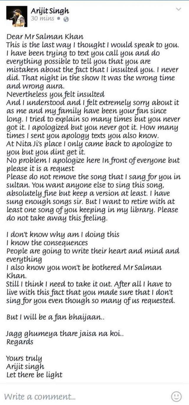Arijit Singh writes public apology for Salman