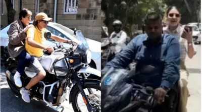 Amitabh Bachchan and Anushka Sharma riding a motorcycle without helmet