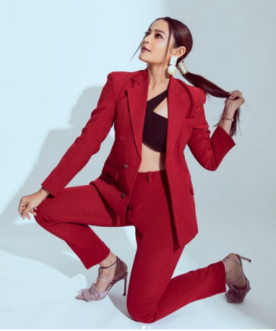 Kaveri Priyam donned a red colored pantsuit with a sleek ponytail, have a look