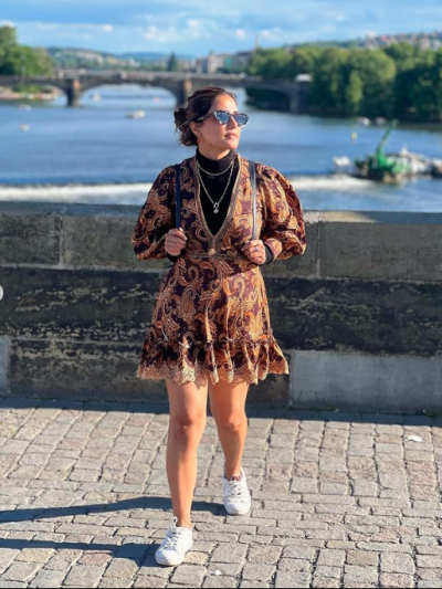 Hina Khan looks enchanting in the Royaleum printed dress costing 7k