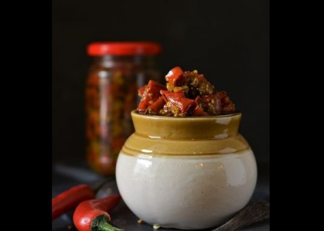 Home-made market-like chilli pickle in summer