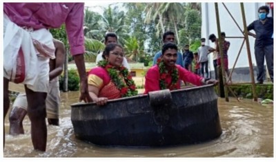 Kerala floods: A bride and groom reached their marriage hall in a cooking vessel