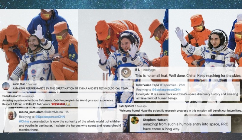 Poster: Encouraging messages on overseas social media after Shenzhou-13 astronauts land safely