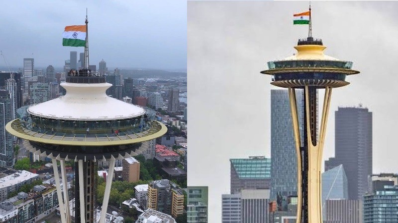 A historic first in Seattle: Tricolor hoisted at city's iconic 605-ft tall space needle