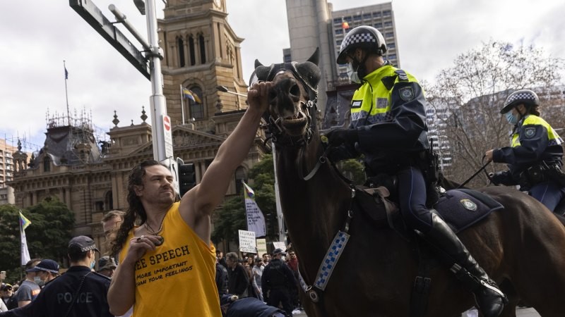 Sydney Covid cases expected to rise after anti-lockdown protest as two charged for allegedly hitting police horse