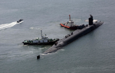The USS Michigan nuclear-powered submarine arrives in a South Korean port
