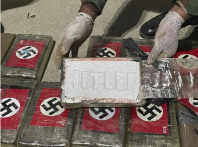 Cocaine packets with the Nazi flag printed on the outside are found by police in northern Peru