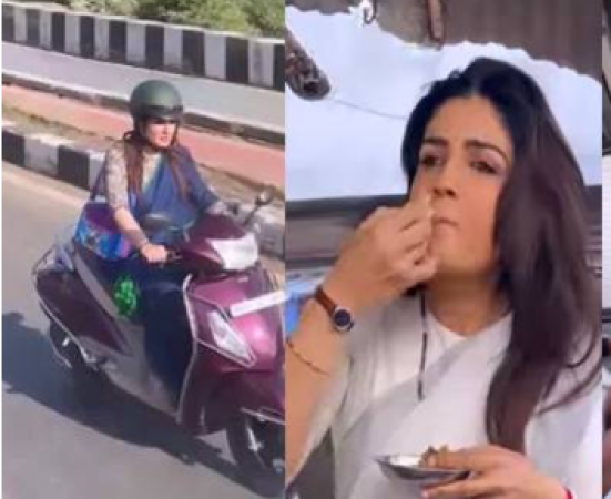 Raveena enjoys scooty ride on the streets of Bhopal, also relishes Kachori-Samosa