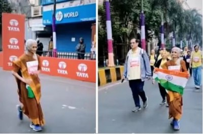 80 वर्षीय महिला ने साड़ी पहनकर मुंबई मैराथन में लगाई दौड़, Video देख लोग बोले- वाह दादी !