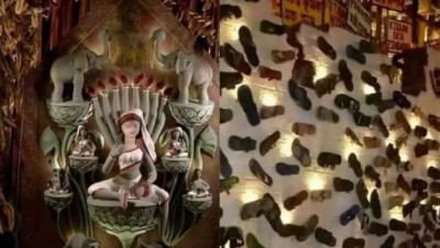 कोलकाता: ममता 'राज' में जूते-चप्पलों के बीच बैठीं 'माँ दुर्गा', भाजपा-विहिप ने जताई आपत्ति