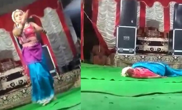 Young man dancing on stage in role of Mother Parvati, suddenly falls and dies
