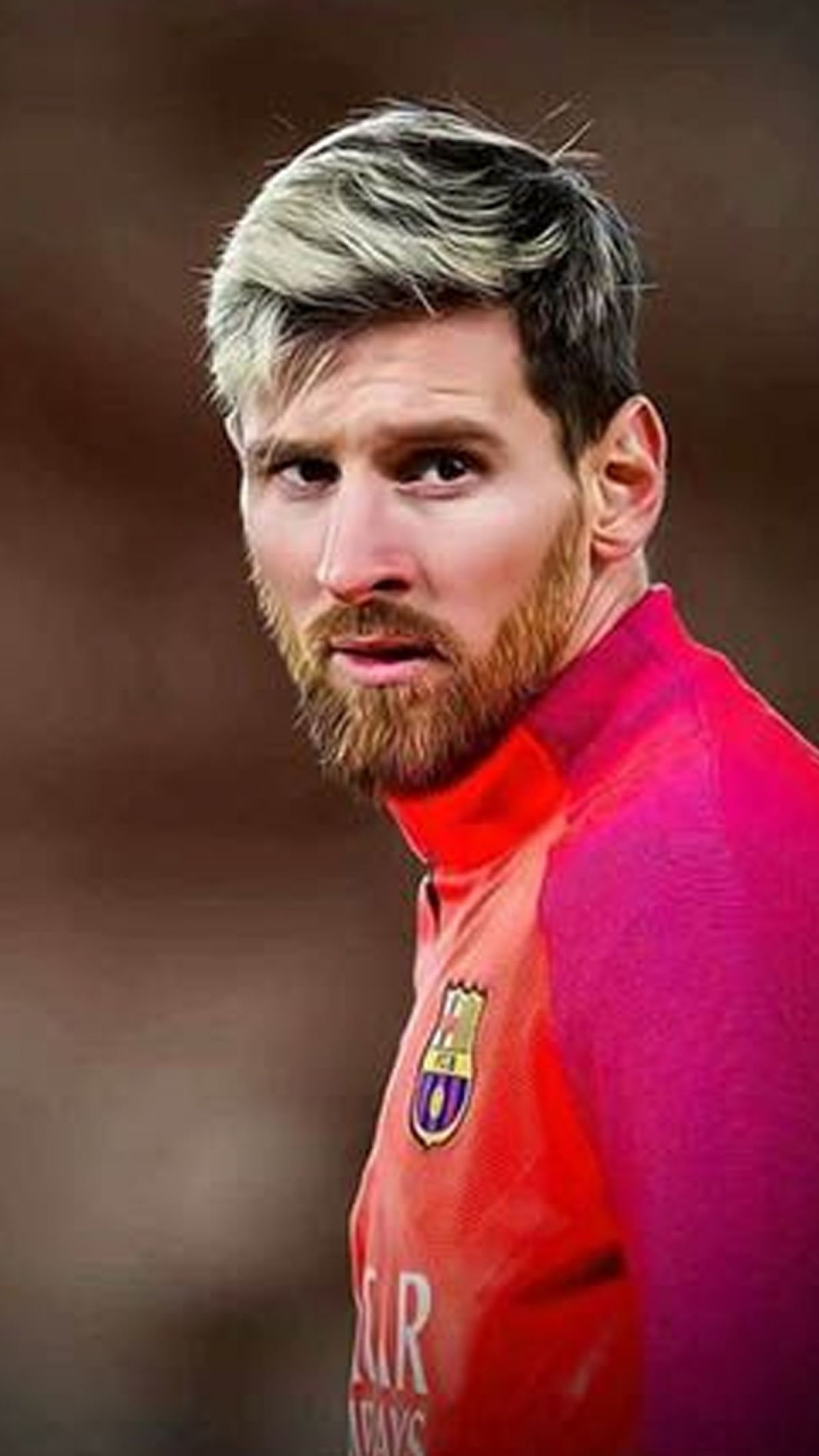 prompthunt: Close-up portrait of Lionel Messi, long silver hair with a long  beard, big nose, wearing a barca cape, katsuhiro tomo