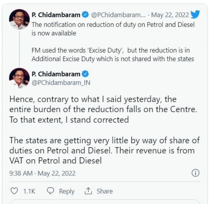 Chidambaram admitted his mistake as soon as VAT was cut in petrol and diesel