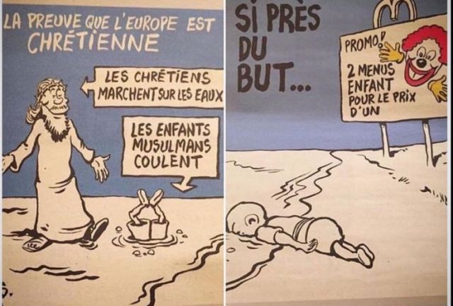 चार्ली हेब्‍दो के कार्टून से मचा बवाल : ईसाई पानी पर चलते हैं,मुस्लिम बच्चे डूब जाते हैं