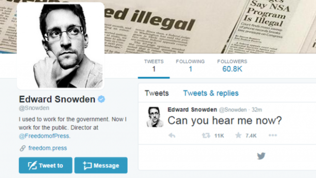 पूर्व NSA कॉन्ट्रैक्टर स्नोडेन आए ट्विटर पर, 1 घंटे के अंदर ही 2 लाख से अधिक फॉलोवर