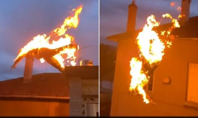 The young man jumped from a high building by setting fire on his body, the video will give goosebumps