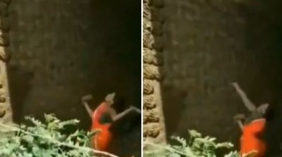 Viral video of woman throwing cow dung cakes on the wall with precise aim