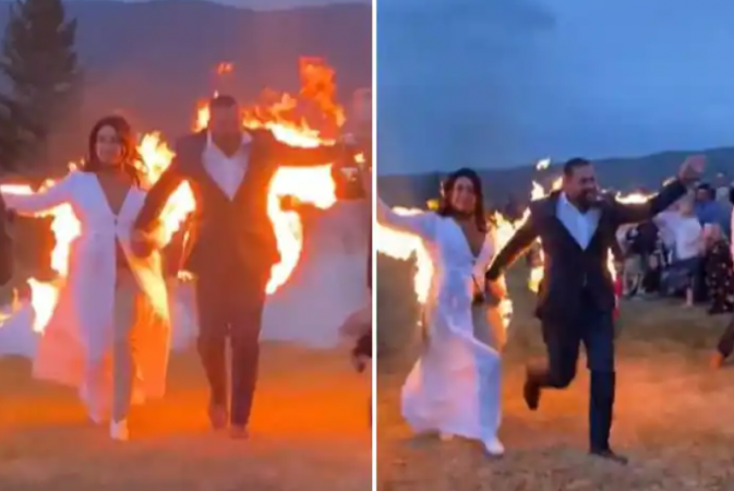 Amazing! Bride and Groom set themselves on fire for special entry, you will be shocked to see video