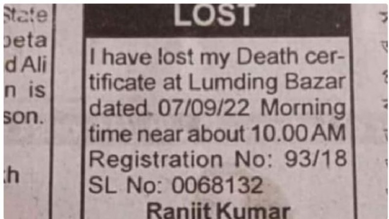 Death certificate of this living person lost, ad in the newspaper going viral